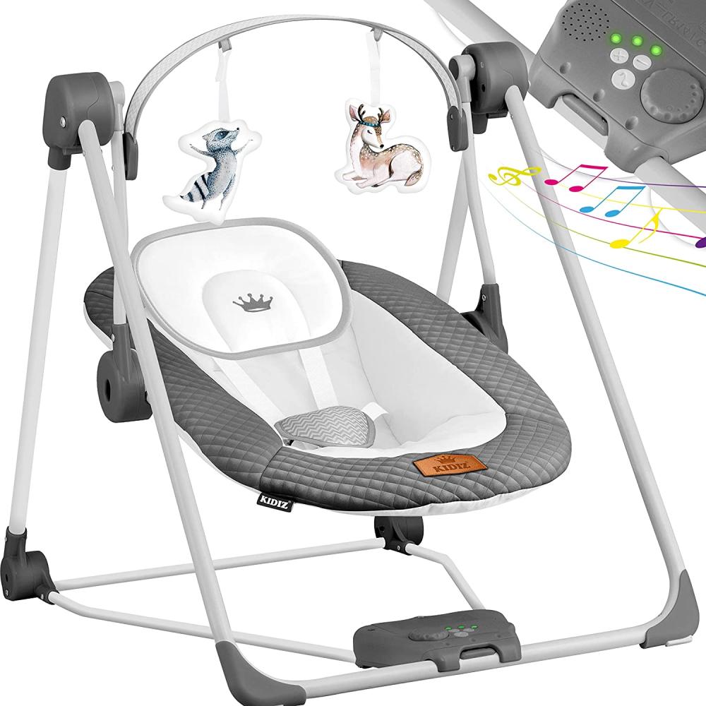 KIDIZ® Babywippe Babyschaukel mit 5 Geschwindigkeitseinstellungen zusammenklappbarer Baby Wippe Schaukel Babyhochstuhl mit Spielbogen Spielzeugen 5 beruhigende Naturgeräusche neugeborene Anthrazit Bild 1