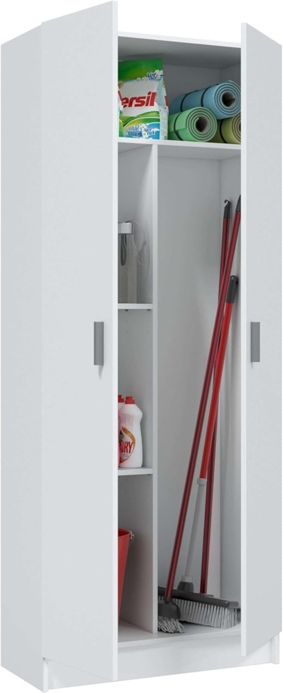 Habitdesign, Mehrzweckschrank mit 2 Türen und 3 Einlegeböden – in Mattweiß für Hauswirtschaftsraum, Küche oder Garage, zur Putzmitteln, Besen und Zubehör, Maße: 73 x 180 x 37 cm (B x H x T) Bild 1