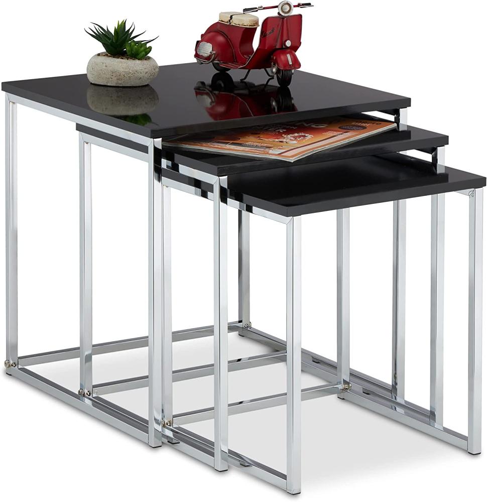 Relaxdays Beistelltisch 3er Set, Satztische fürs Wohnzimmer, 3 Größen, eckig, MDF & Metall, platzsparend, schwarz/Silber Bild 1