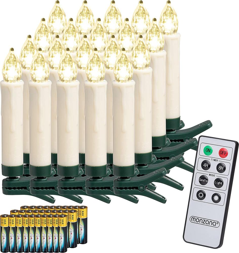 Monzana 20er Set Weihnachtsbaumkerzen Kabellos LED warmweiß mit Batterien und Fernbedienung Dimmbar Flackern Timer Christbaumkerzen Weihnachtskerzen Bild 1