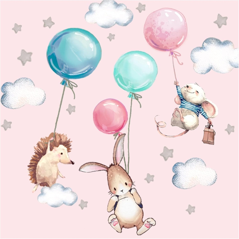 Montegoni Wandsticker Kinder Tier Heißluftballon Wandsticker,Wandaufkleber Deko (Wandtattoo mit Waldtieren für Kinderzimmer, aquarell tiere heißluft ballon wolken aufkleber), wasserdichte abnehmbare, kindergarten haus dekoration Bild 1