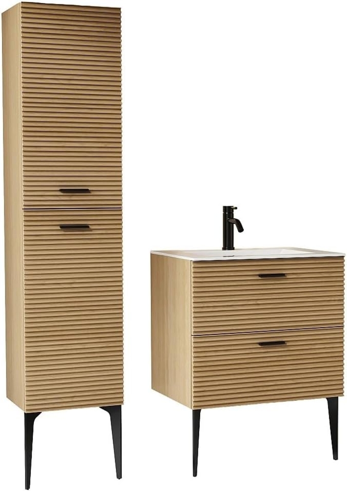 Vente-unique - Badezimmermöbel geriffelt stehend mit Einbauwaschbecken, Armatur und Hochschrank – 2 Schubladen – Natur hell – 60 cm – SARONE Bild 1