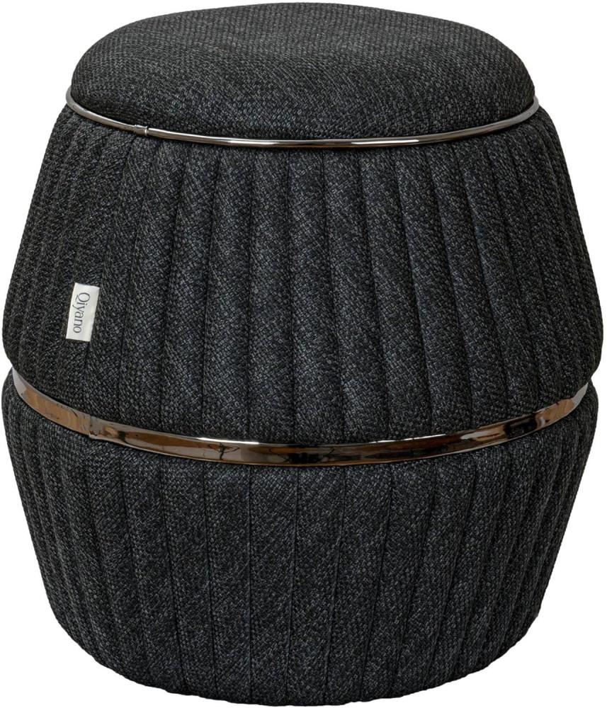 Qiyano Pouf Hocker Sitzhocker aus grobem Strukturstoff in Zylinderform in Anthrazit mit Ziernähten und Kunstlederverzierung in Grafit, Höhe ca. 52 cm, Durchmesser ca. 53 cm, Farbe: Anthrazit Bild 1