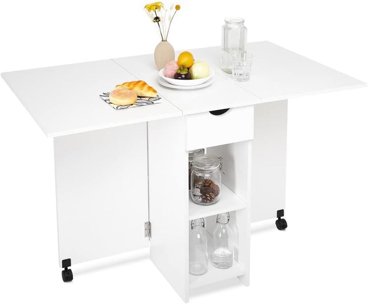 Meerveil Mobiler Klapptisch, Klappbarer Esstisch Geeignet für kleine Räume mit 1 Schublade und 2 Ablagen für Esszimmer und Küche, Weiß H1071KT01WT 72 x 120 x 75 cm Bild 1