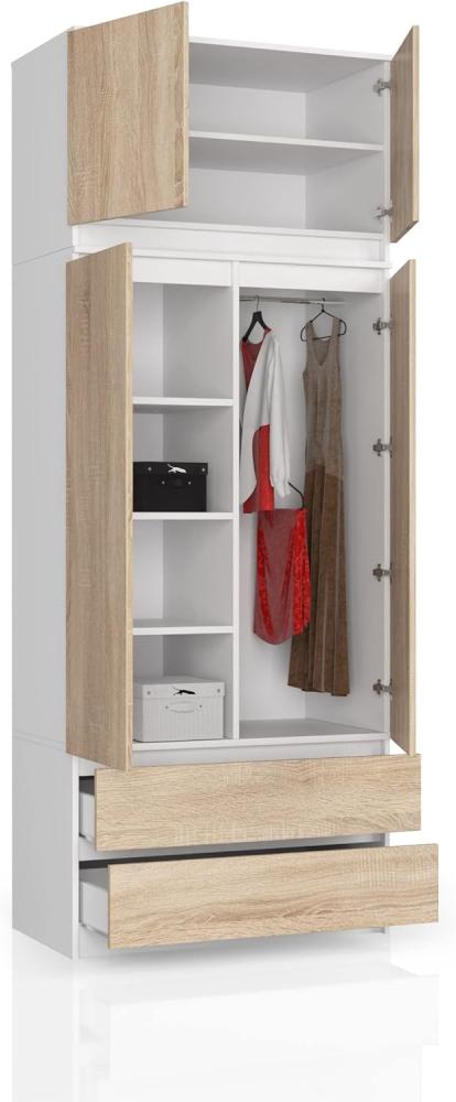 BDW Kleiderschrank 4 Türen, 4 Einlegeböden, Kleiderbügel, 2 Schubladen Kleiderschrank für das Schlafzimmer Wohnzimmer Diele 234x90x51cm (Weiß/Eiche Sonoma) Bild 1