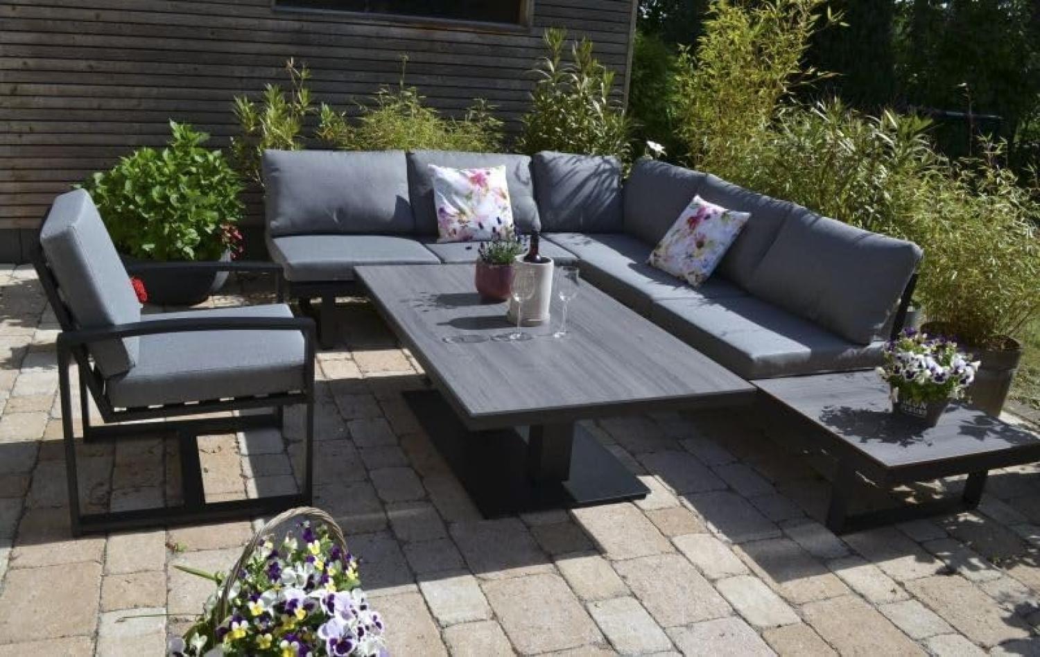 HPL Gartenecklounge Beltona grau + 150x90 cm Lift Tisch höhenverstellbar + 1 Lounge Sessel Bild 1