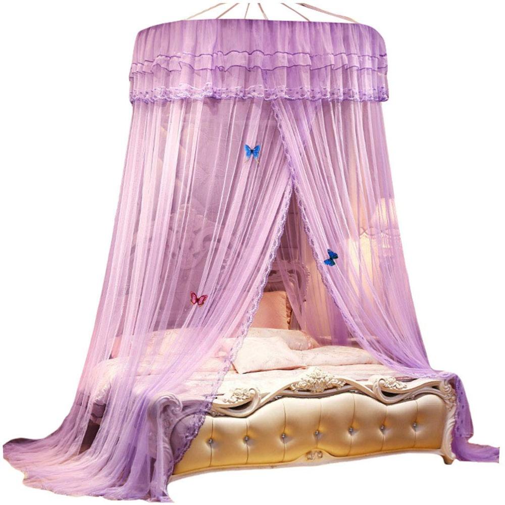 Kaiyei Moskitonetz Universal Himmelbett für Doppel, Einzel, Kinderbetten, Prinzessin Betthimmel Rund mit Klebehaken Schlafzimmer Schmetterling Dekoration Romantisch Palast Violett 150cm×200cm Bild 1