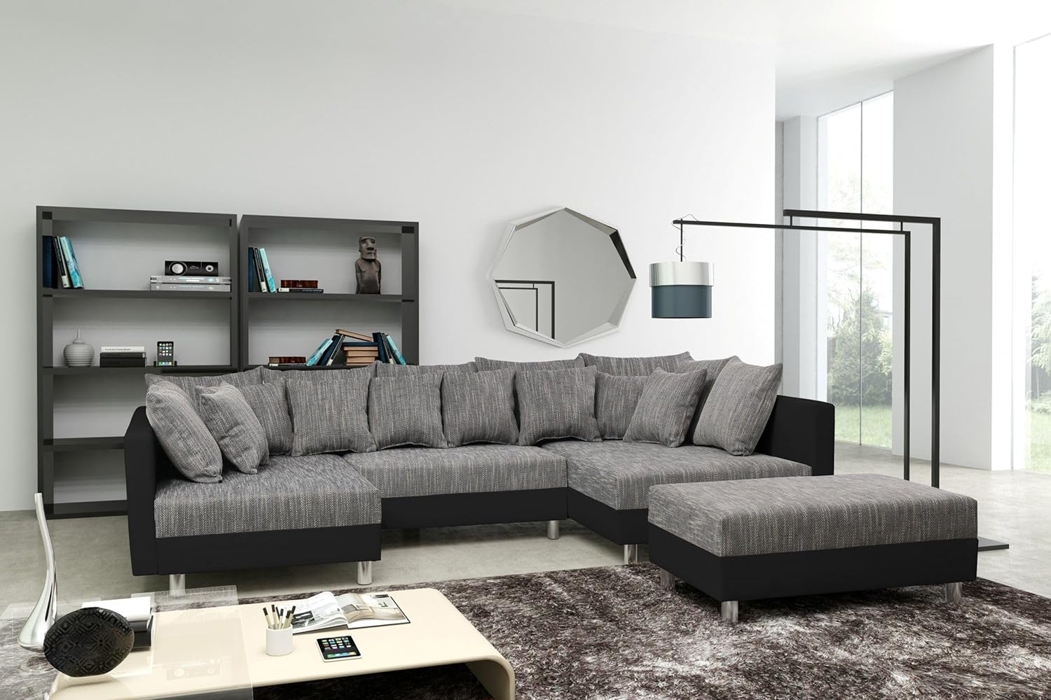 Küchen-Preisbombe Sofa Wohnlandschaft Couch Ecksofa Eckcouch schwarz / hellgrau Minsk XXL, Sofa in U-Form mit Hocker Bild 1