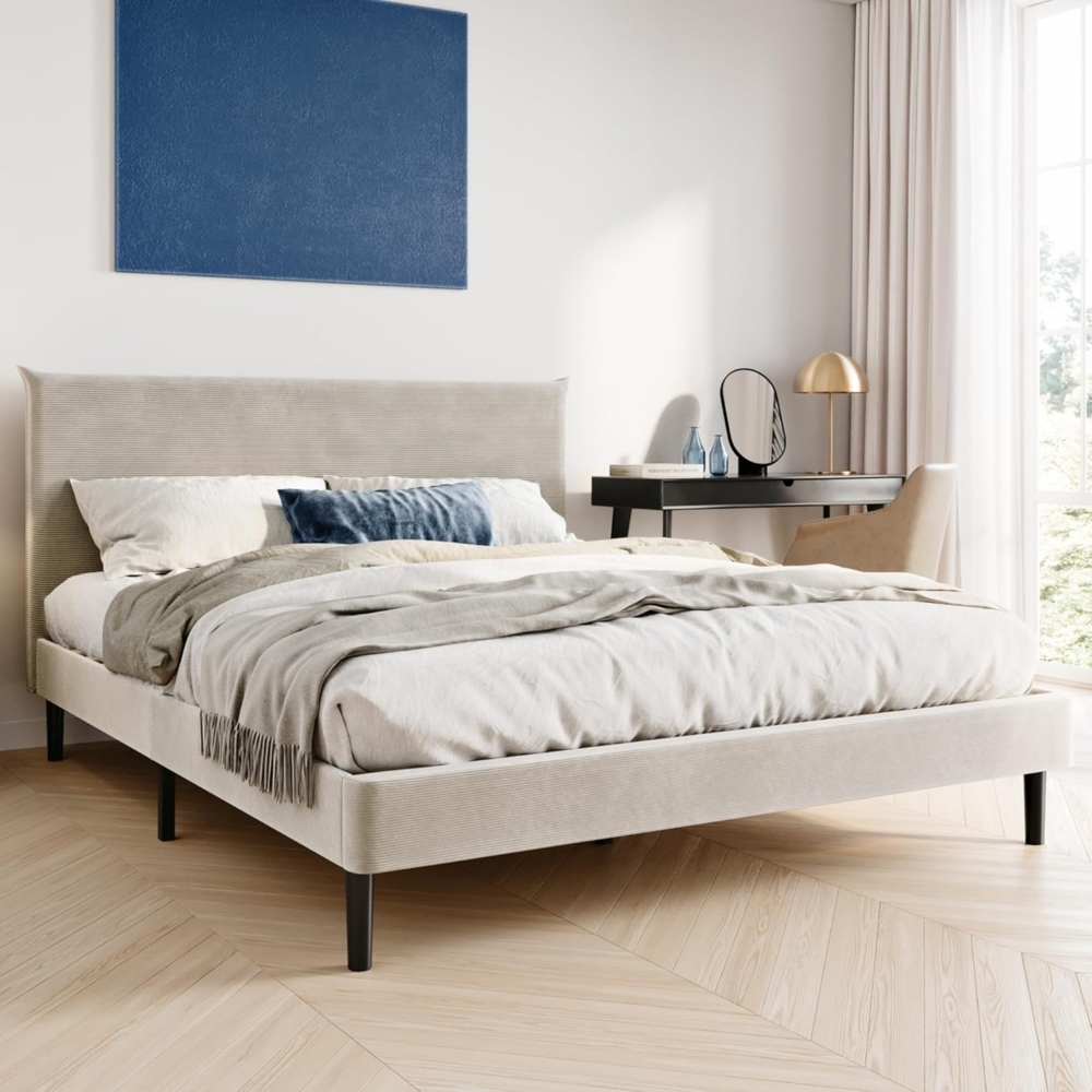 Home Collective Polsterbett 140x200 und 160x200 cm mit Lattenrost und weichem Bezug, Bettgestell (Doppelbett mit gepolstertem Kopfteil, robustes Gestell, hoher Liegekomfort), 160x200 cm, Beige, Cordbezug Bild 1