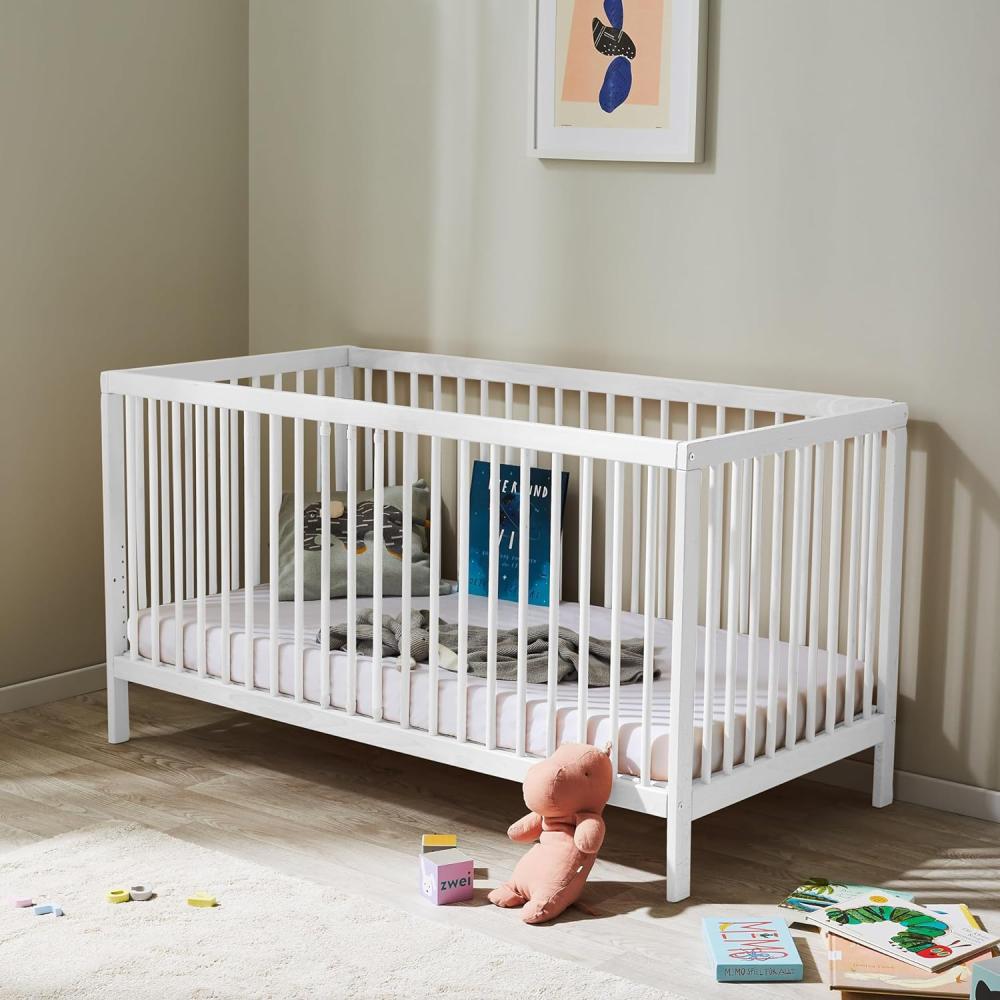 Babybett Kinderbett Gitterbett 70x140 höhenverstellbar & herausnehmbare Sprossen | Buchenholz weiss sehr stabil Made in Europe Bild 1