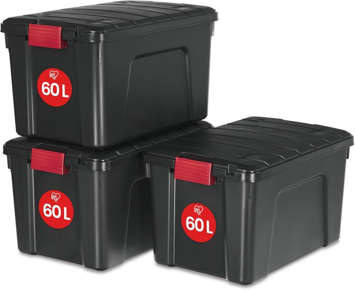 Iris Ohyama, große Kunststoff-Aufbewahrungsbox, 60 l Garagen-Aufbewahrungsbox, 3er-Set, SIA-60, schwarz, stapelbar, Verschlussklammern ? B59 x T39,5 x H35,5 cm Bild 1
