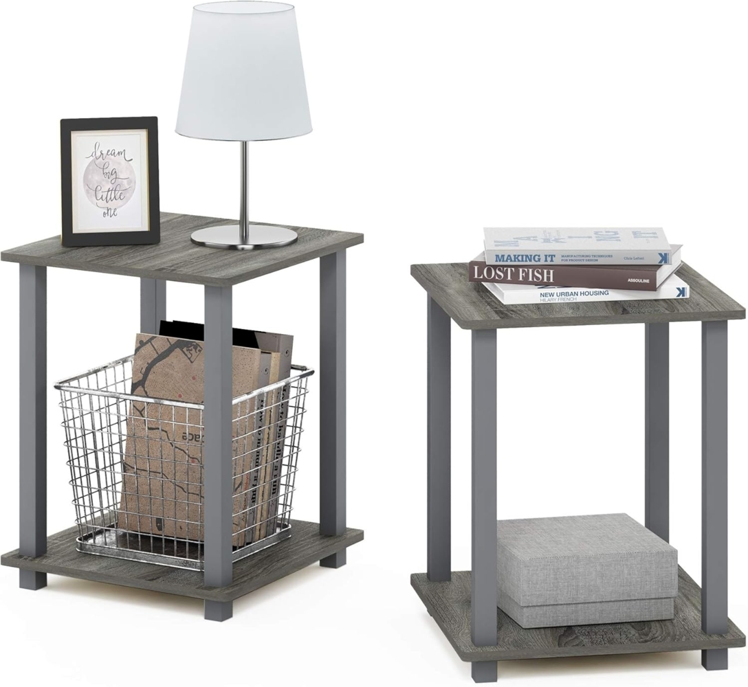 Furinno Simplistic Sofatisch, Couchtisch, Beistelltisch, mit 2 Ebenen, 2-er Set, Französische Eiche / Grau, 39. 6x39. 6x49. 8 cm Bild 1