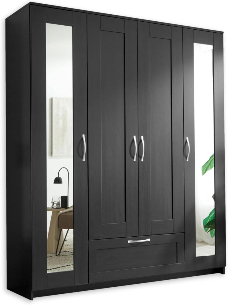 Stella Trading SALIAS Kleiderschrank mit Spiegeltüren in Schwarz-Vielseitiger Drehtürenschrank 4-türig für Ihr Schlafzimmer, Holzwerkstoff, 156 x 190 x 50 cm Bild 1