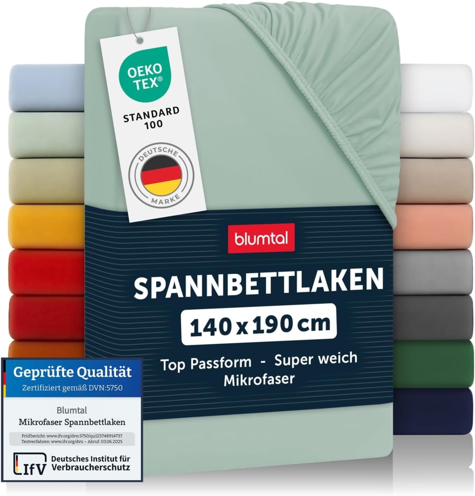 Blumtal® Spannbettlaken 140x190 cm - Bettlaken 140x190 aus Microfaser - Oekotex zertifiziertes Spannbetttuch 140x190 - Spannbettlaken 140x190 / Spannleintuch 140x190 - Bettlaken - Summer Green - Grün Bild 1