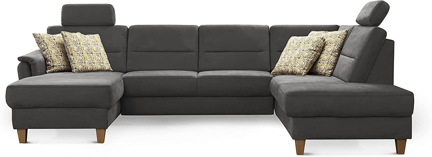 CAVADORE Wohnlandschaft Palera / U-Form Federkern-Sofa mit Schlaffunktion, Stauraum und 2 Kopfstützen / 314 x 89 x 212 / Mikrofaser, Grau Bild 1