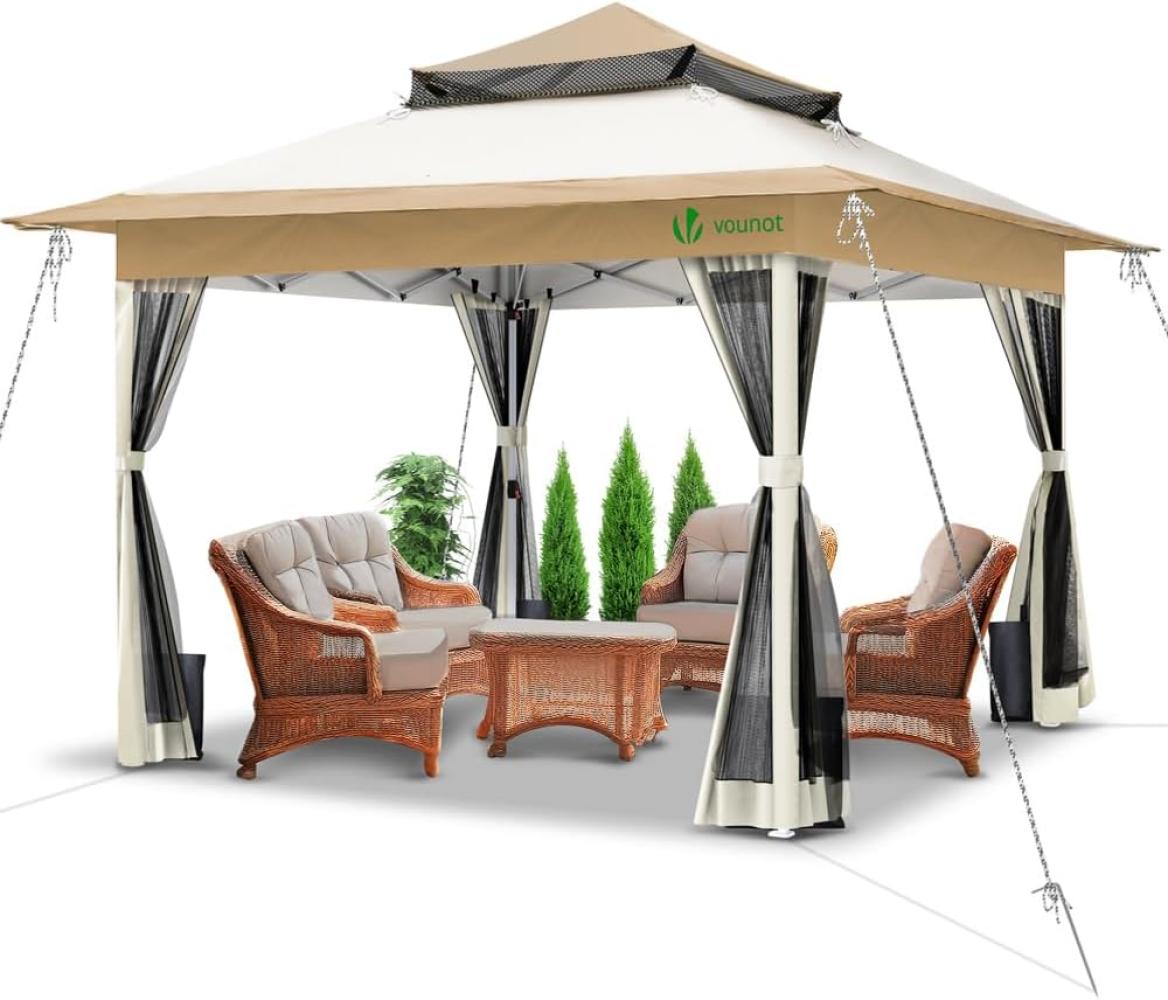 VOUNOT Pavillon Faltbar 3,6x3,6m, Pop Up Partyzelt mit Mesh Sides & Doppeldach, Faltpavillon Stabil mit Bein Gewichte & Roller Bag, Gartenpavillon Gartenzelt Beige Bild 1