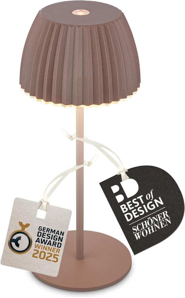 BRILONER - Riffle Mini LED Tischlampe kabellos IP44 mit Lichtkante, Touchdimmer, Akku tauschbar, Nachttischlampe, LED Lampe, Akku Lampe, German Design Award Winner 2025, 8,5x20 cm, Umbrasand Bild 1