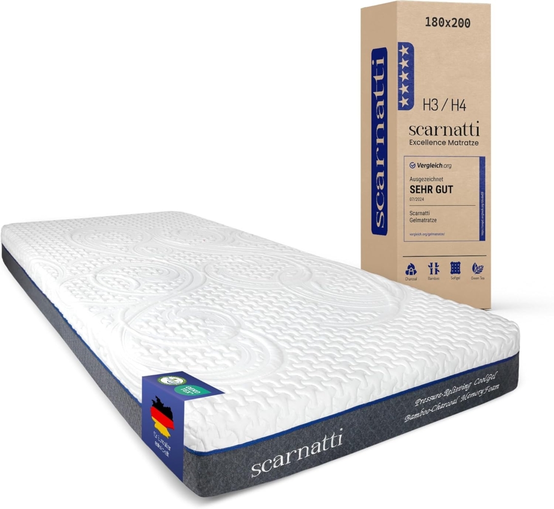Scarnatti Matratze 180x200 cm, 18 cm Höhe, H3-H4 Härtegrad Kaltschaummatratze, Memory Schaum Bett, 7-Zonen Viskoelastisch, Cool Gel, grünem Tee & Bambuskohle angereicherter, Zero-Partner-Disturbance Bild 1