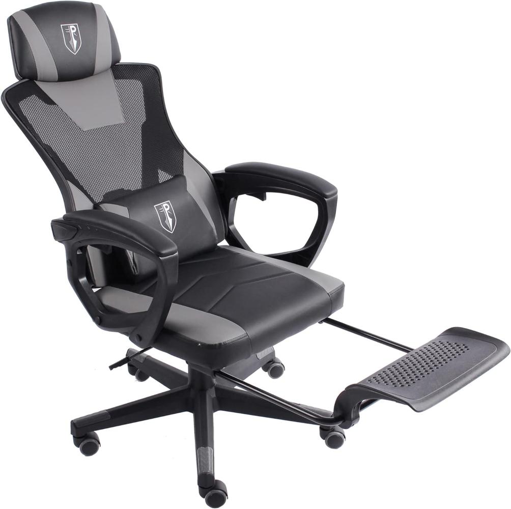 Gaming Stuhl im modernen Racing-Design mit einklappbarer Fußstütze - Gaming Chair mit flexiblen Armlehnen - ergonomischer Gaming Schreibtischstuhl mit extra Stützkissen Schwarz/Grau Bild 1