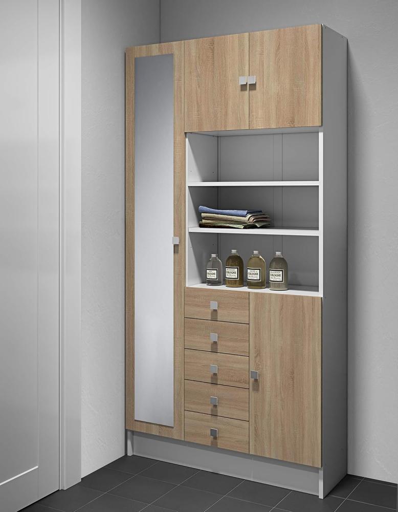 TemaHome Hochschrank Combi Badezimmerschrank mit Schubladen, Türen, drei offenen Fächern, mit Spiegel, 90 cm breit, Weiss Bild 1