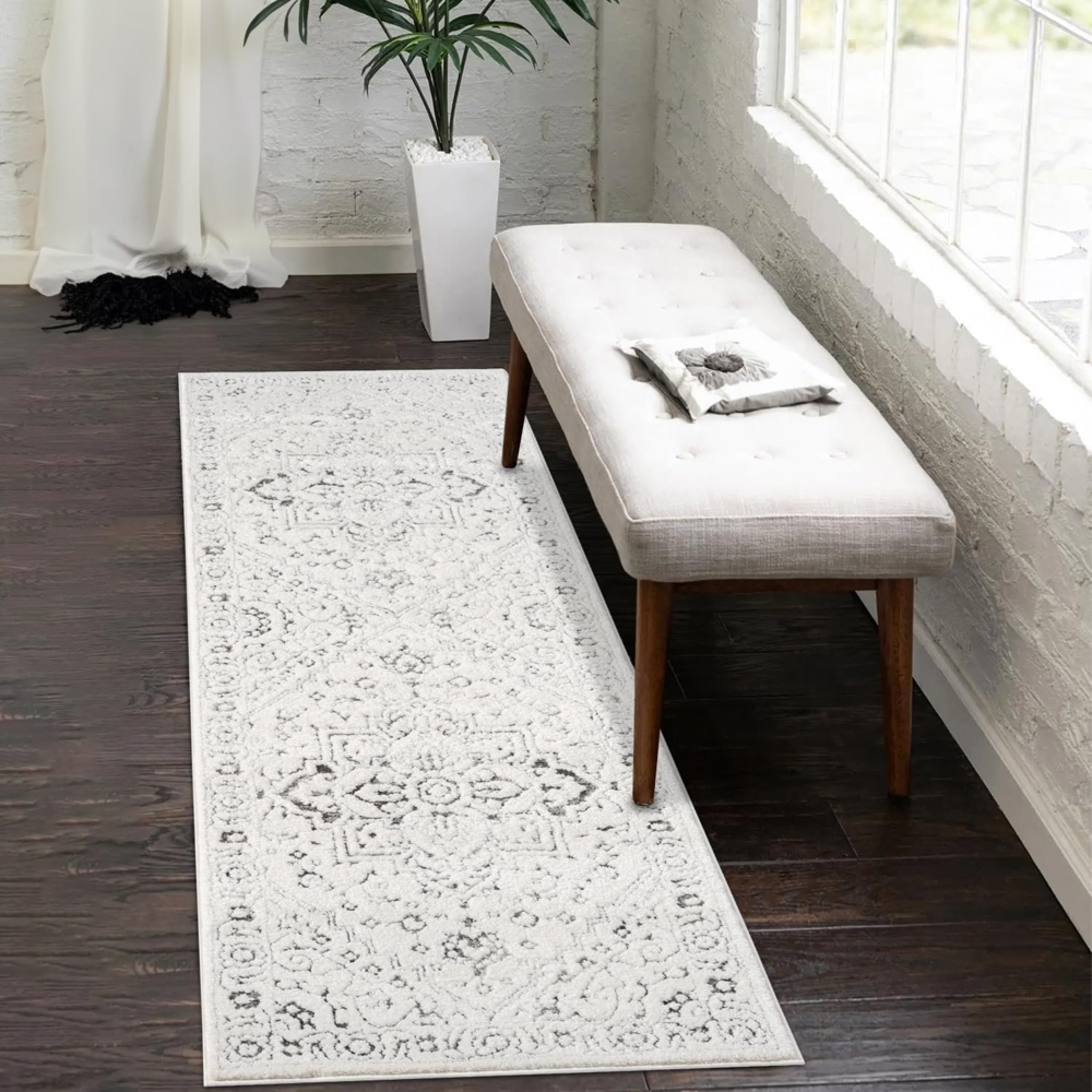 Teppich Läufer - 80x150 cm Creme-Grau Bodenbelag Hochtief Struktur Flachflor - Ornamte Muster Boho Design Wohnteppich Bild 1