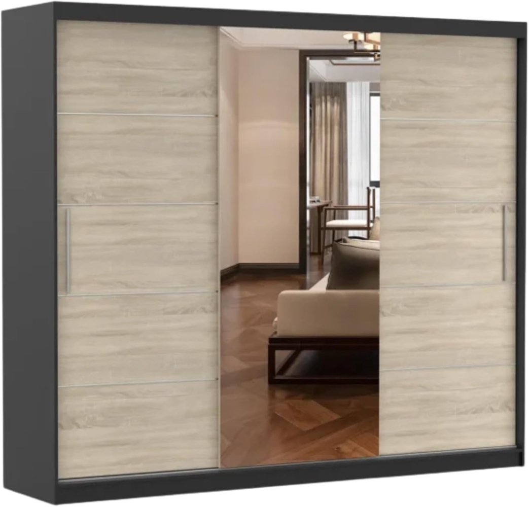 Schwebetürenschrank Alba 250 cm, Schiebetürenschrank mit Spiegel, Kleiderschrank mit Kleiderstange und Einlegeboden, Schlafzimmerschrank, Schiebetüren, Modern Design (Schwarz/Sonoma) Bild 1