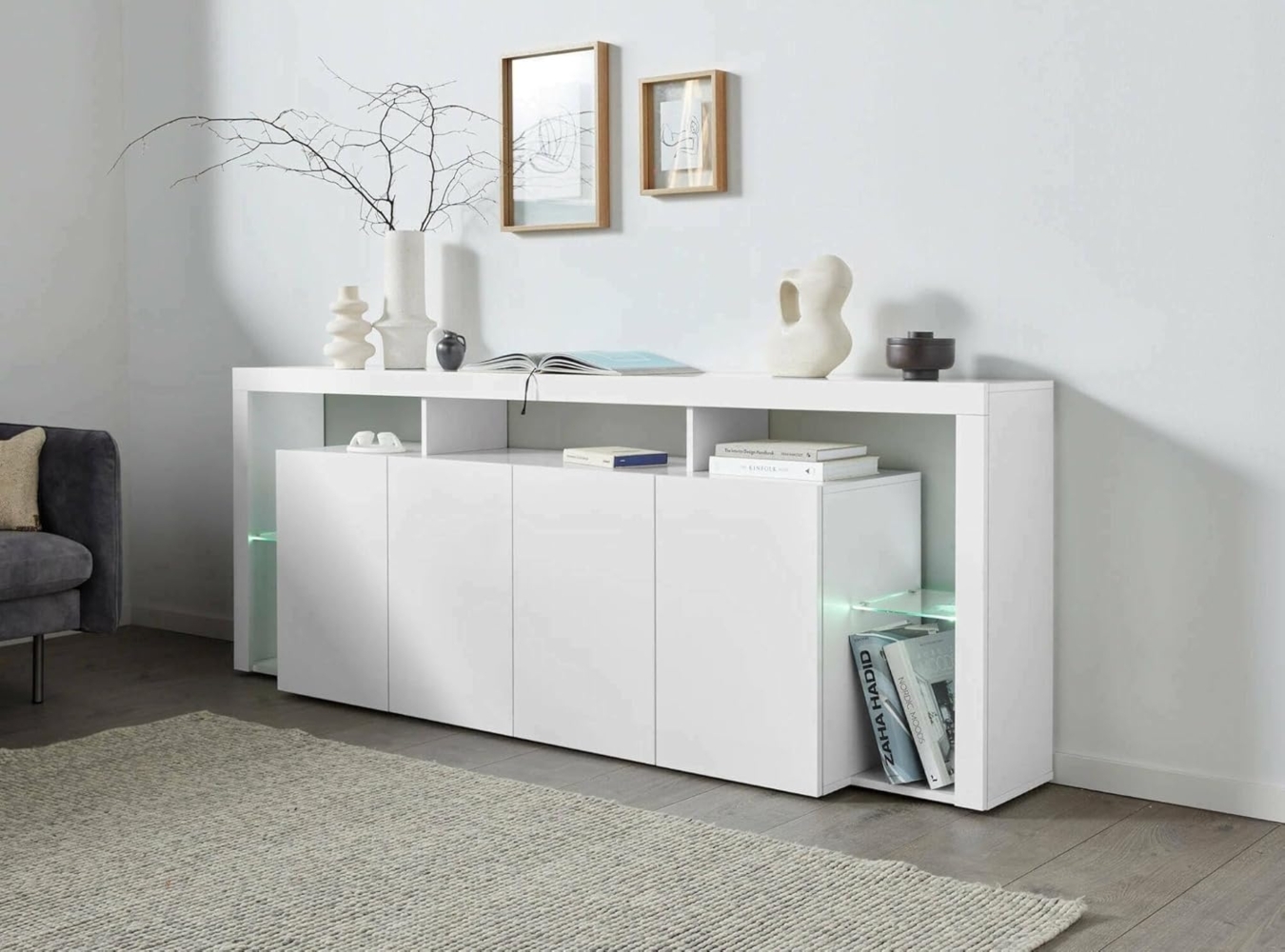 Dmora - Kommode Wilmer, 4-türiges Wohnzimmer-Buffet, Wohnzimmer-Kommode, modernes Kommode, 100% Made in Italy, 220 x 40 x 80 cm, glänzendes Weiß Bild 1