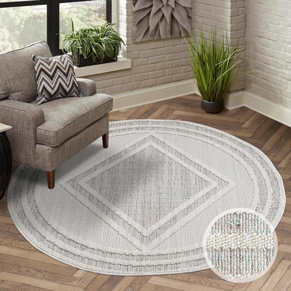 carpet city Teppich Kurzflor Wohnzimmer - Grau, Grün - 200x200 cm Rund - Teppiche Boho-Style - Raute-Optik - Schlafzimmer, Esszimmer Bild 1