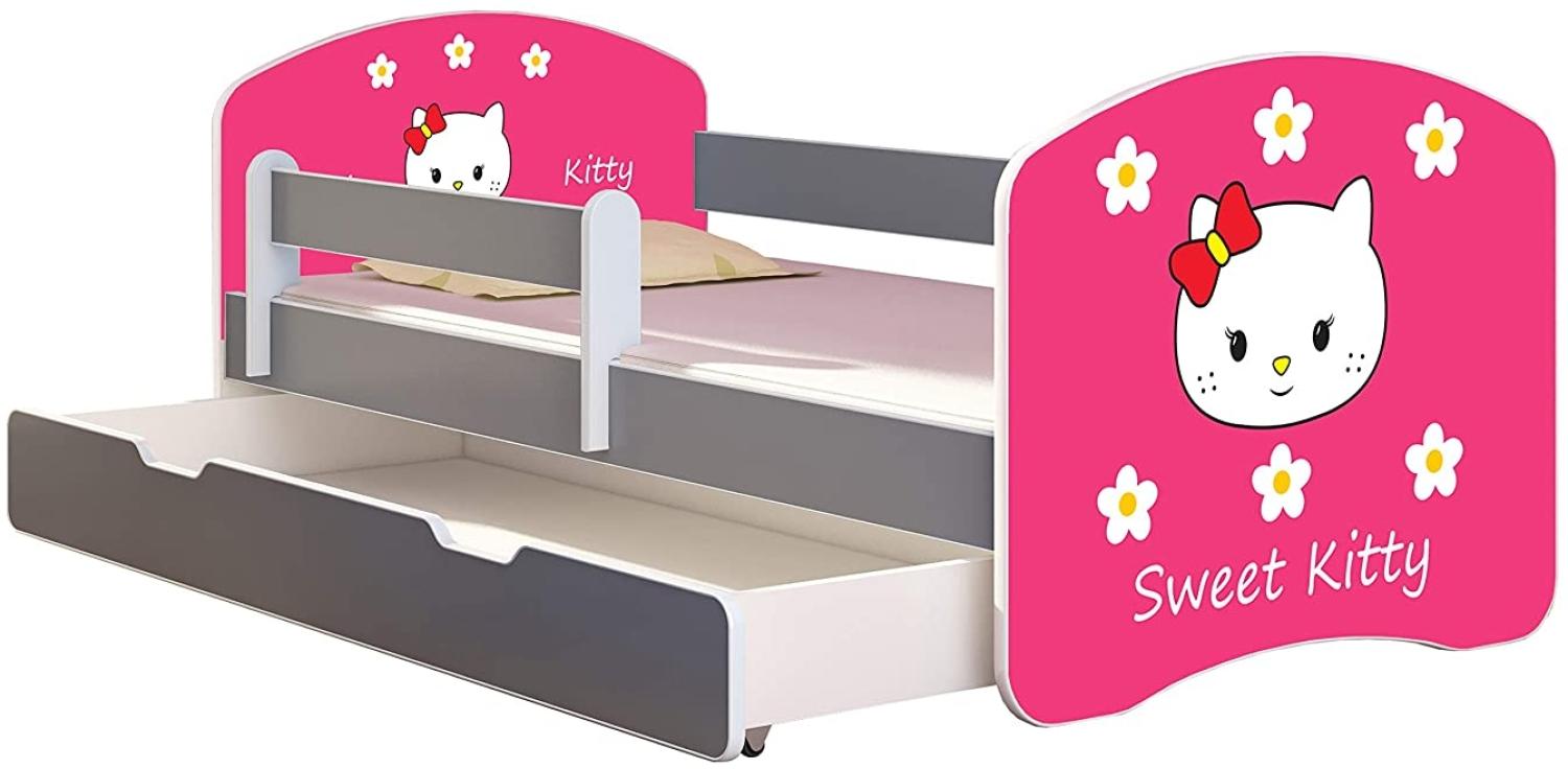 ACMA Kinderbett Jugendbett mit Einer Schublade und Matratze Grau mit Rausfallschutz Lattenrost II (16 Sweet Kitty 2, 160x80 + Bettkasten) Bild 1