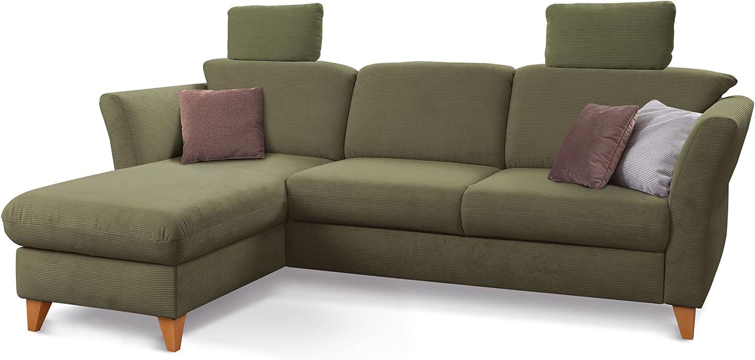 CAVADORE Schlafsofa Trend / Skandinavische Eckcouch mit Federkern, Bettfunktion, Bettkasten im Longchair und 2 Kopfstützen / 249 x 86 x 162 / Cord, Olive Bild 1