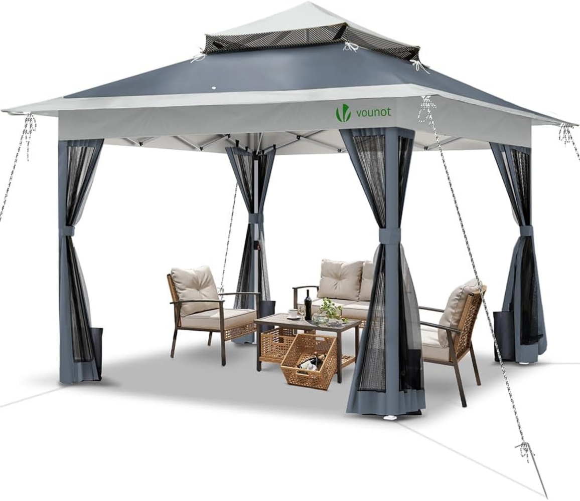 VOUNOT Pavillon Faltbar 3.6x3.6 m, UV Schutz 50+ & Wasserdicht & Stabil, Pop Up Faltpavillon mit 4 Seitenteilen/Moskitonetz, Gartenzelt Partyzelt Gartenpavillon mit 4 Gewichte, Tasche, Grau Bild 1