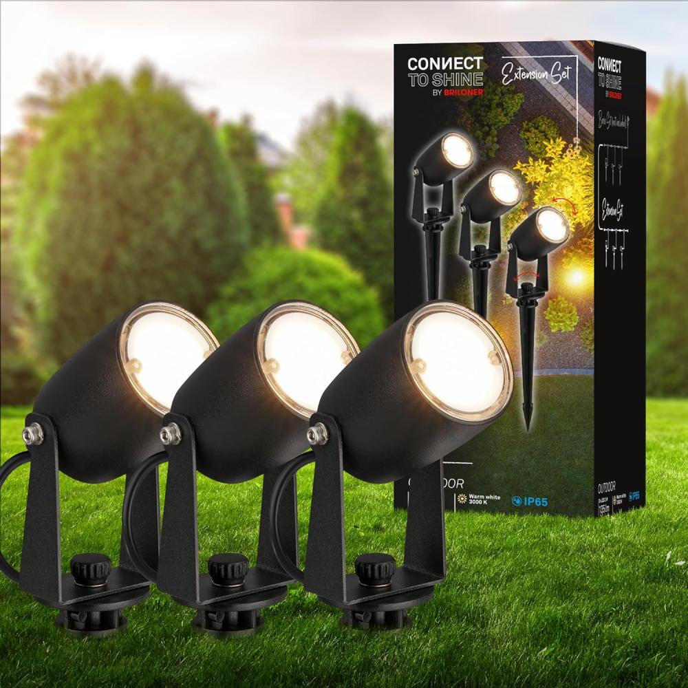 BRILONER - Connect to Shine 12V Gartensystem 3er Set LED Strahler mit Erdspieß, Erweiterungsset, IP65, warmweißes Licht, Gartenbeleuchtung, LED Gartenstrahler, 25x4 cm, Schwarz Bild 1