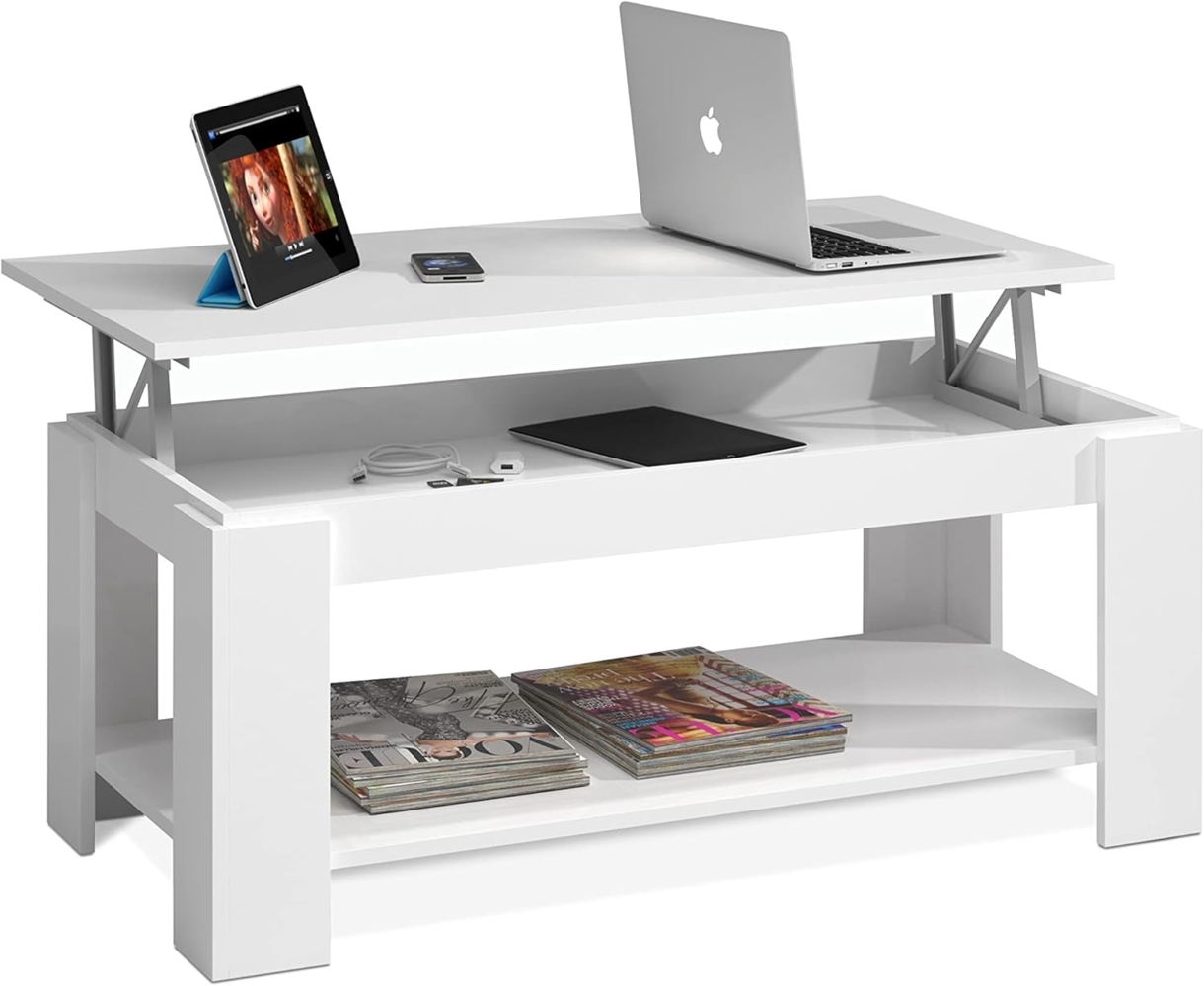 Couchtisch mit ausziehbarer Platte und Stauraum und unterer Ablage, Farbe matt weiß, Maße 102 x 43 x 50 cm (Höhe kann von 43 auf 54 cm erhöht Werden) Bild 1