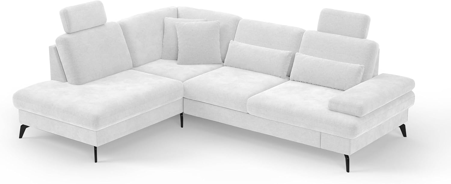 Cavadore Eckcouch Moritz / Ecksofa im trendigen Design mit Bett, Bettkasten, Sitztiefenverstellung, Kopfstützen und mattschwarzen Metallfüßen / 212x82-107x268 / Mikrofaser, Weiß Bild 1
