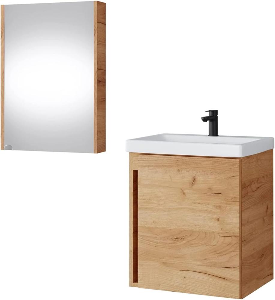 Waschtisch + Spiegelschrank Badmöbel Set 50cm für Badezimmer WC (Gold Eiche) Bild 1