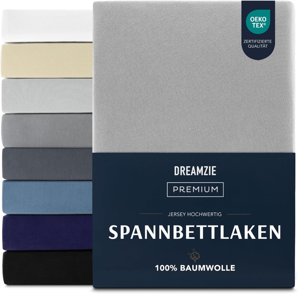 Dreamzie Premium Spannbettlaken 160x200 cm, Spannbetttuch für Dicke Matratzen bis zu 27 cm, Bettlaken 100% Jersey Baumwolle, 150 g/m², Oeko-TEX Zertifiziert - Grau Bild 1