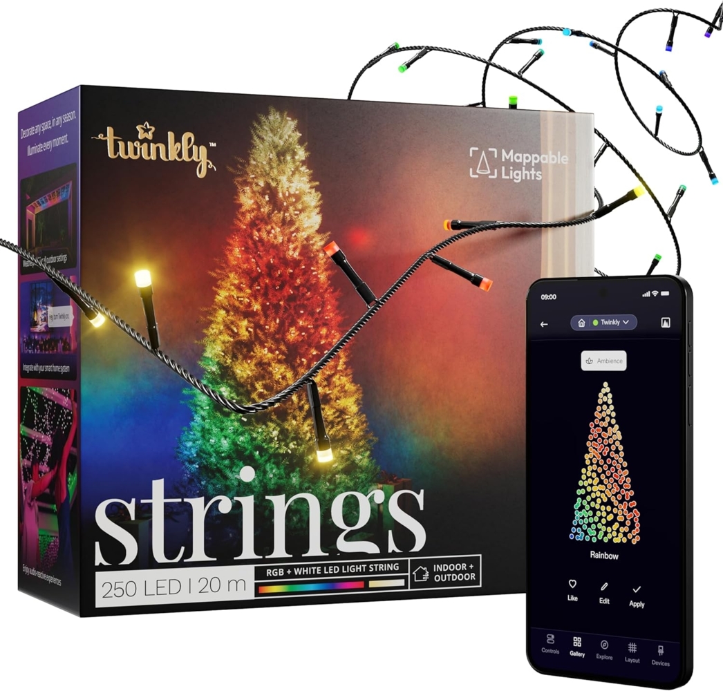 Twinkly Strings 250 LED RGB+ Weiß, LED-Lichterkette, Smarte LEDs für den Innen- und Außenbereich, Kompatibel mit Home Kit, Alexa und Google Home, Gaming, IP44, App-Steuerung, Schwarzes Kabel, 20m Bild 1