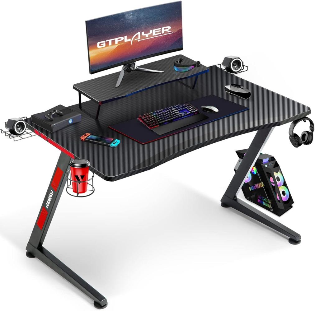 GTPLAYER Gaming Tisch108 x 60 cm，Gaming Schreibtisch，Computertisch，Schwarzer Tisch，Getränkehalter，Kopfhörer Hake，Z-Frame Gaming Schreibtisch mit Monitorständer Bild 1