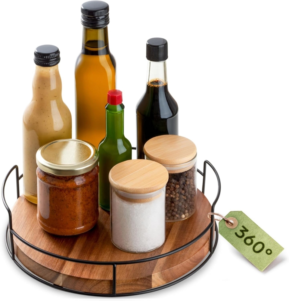 Praknu Gewürzkarussell Lazy Susan Drehteller Holz - Aus nachhaltigem FSC Akazienholz, (1-tlg), Servierplatten 360° Drehbar - Rutschfest - Ø 23 cm - FSC Akazienholz Bild 1