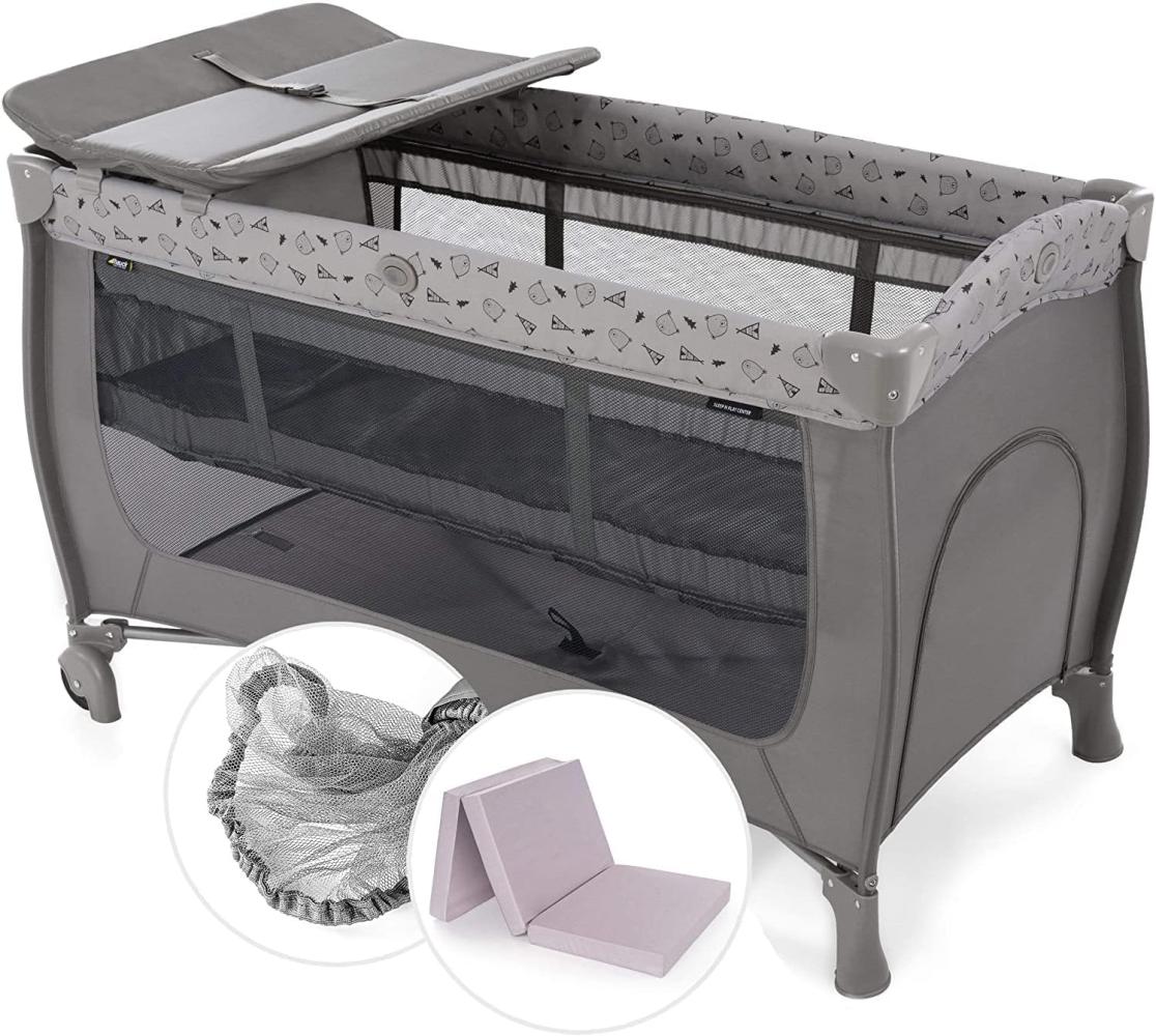 Hauck Baby Reisebett Sleep n Play Center Set mit Komfort Matratze und Insektenschutz - Babyreisebett mit Neugeborenen Einsatz, Wickelauflage, Rollen und Tasche (höhenverstellbar & faltbar) - Grau Bild 1