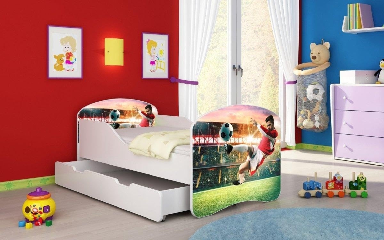 Kinderbett Luna mit Stauraum und verschiedenen Motiven 140x70 Football Bild 1