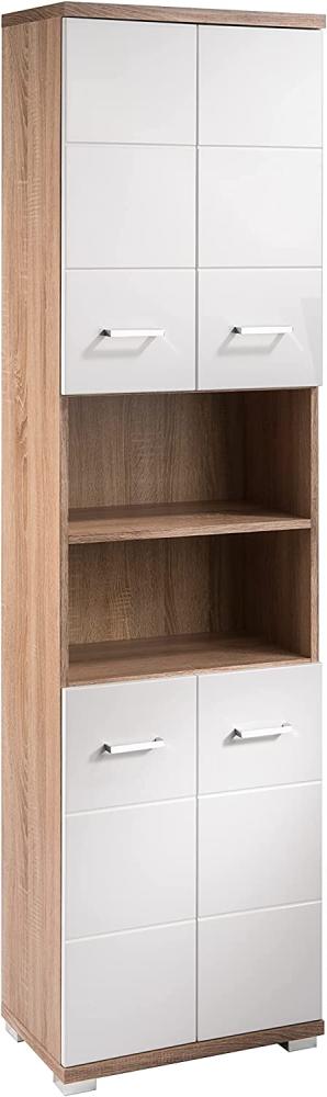 byLIVING Badezimmer-Hochschrank NEBRASKA / Badschrank Sonoma Eiche, Türen Hochglanz weiß lackiert / Badezimmerschrank 4 Türen mit offenen Elementen & viel Stauraum / B 50, H 192, T 31,5 cm Bild 1