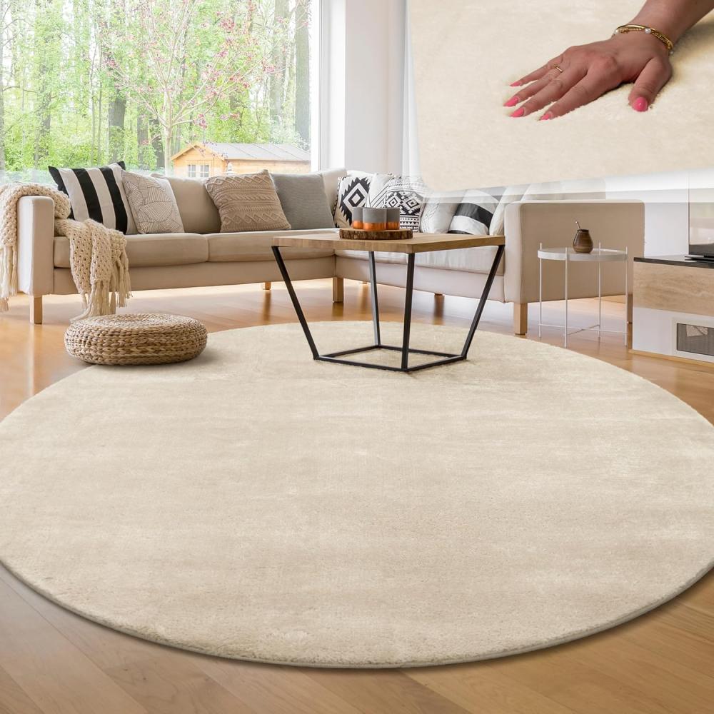 Paco Home Waschbarer Teppich Wohnzimmer Schlafzimmer Kurzflor rutschfest Flauschig Weich Moderne Einfarbige Muster, Grösse:120 cm Rund, Farbe:Creme Bild 1