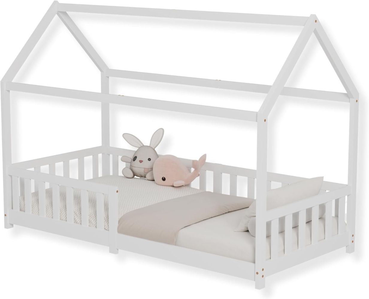 ecomi® Kinderbett Hausbett mit Rausfallschutz und Lattenrost, Hausbett - Kinderbett 90x200 / 80x160 in Weiß/Natur für Kinder - Kinderbett Hausbett 90x200 / 80x160 Weiß/Natur (Weiß, 90x200) Bild 1