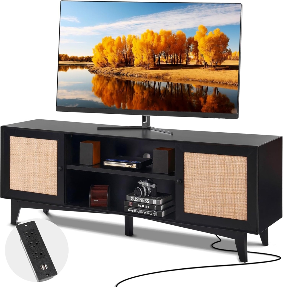 VEVOR Rattan-TV-Ständer für 191 cm Fernseher, Boho-TV-Ständer mit Rattantür, Fernsehschrank mit eingebauter Steckdose, Lagerschrank mit 2 Regalen, Moderne TV-Konsole für Wohnzimmer, Schwarz Bild 1