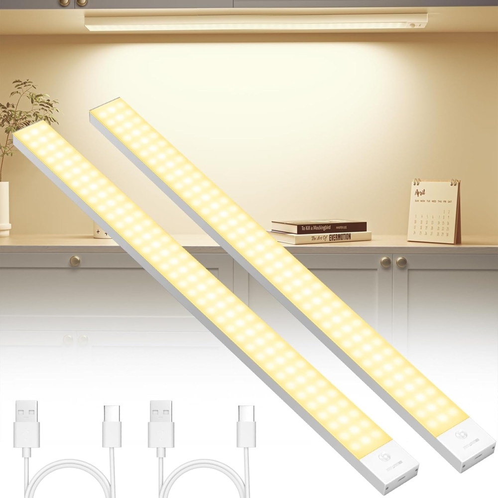 OUILA Unterbauleuchte Küche LED 2 Stück 60CM Schrankbeleuchtung Batterie 5000mAh USB Wiederaufladbar Magnetische Lampe Kabellos Schranklicht mit Bewegungsmelder für Schlafzimmer, Werkstatt (Warmweiß) Bild 1