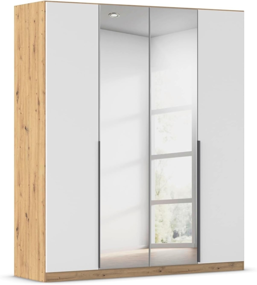 Rauch Möbel Alabama, Kleiderschrank, Garderobe, 4-türig, Spiegel, Zubehör Premium, 2 Kleiderstangen, 5 Einlegeböden, Schubladeneinsatz, Farbe Weiß/Eiche Artisan, Griff Grau metallic, 181 x 210 x 54 cm Bild 1