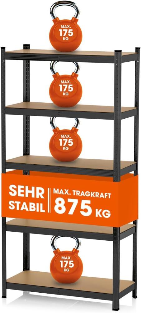 EASYmaxx Schwerlastregal 180 x 90 x 40 cm | 875 kg Traglast, 175 kg pro Ebene | Regal und Werkbank | Kellerregal, Lagerregal mit 5 verstellbaren Ablagen | Keller, Garage, Hobbyraum, Werkstatt, schwarz Bild 1