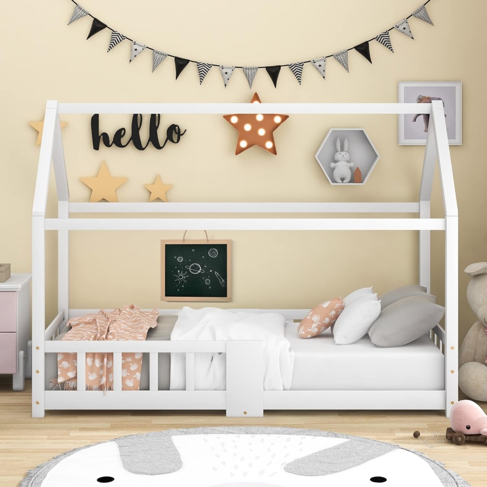 Merax Hausbett Kinderbett 200 x 90 cm mit Rausfallschutz und Lattenrost, Vielseitiges Holz Baumhausbett für Jungen & Mädchen - Kinder Haus Bett aus Kiefernholz Jugendbett Massivholz, Weiß Bild 1