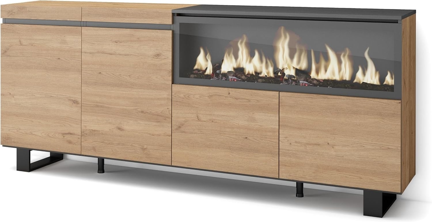 Skraut Home | Sideboard, Highboard | Kommode, Komodenschrank | 210 | 4 Türen | Elektrokamin XXL | Industriedesign | Moderner Stil | Eiche Bild 1